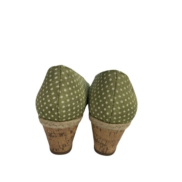 Etienne Aigner Size 7.5M Green Polka Dot Fabric Wedge Peep Toe cork heel Shoes - Picture 4 of 8
